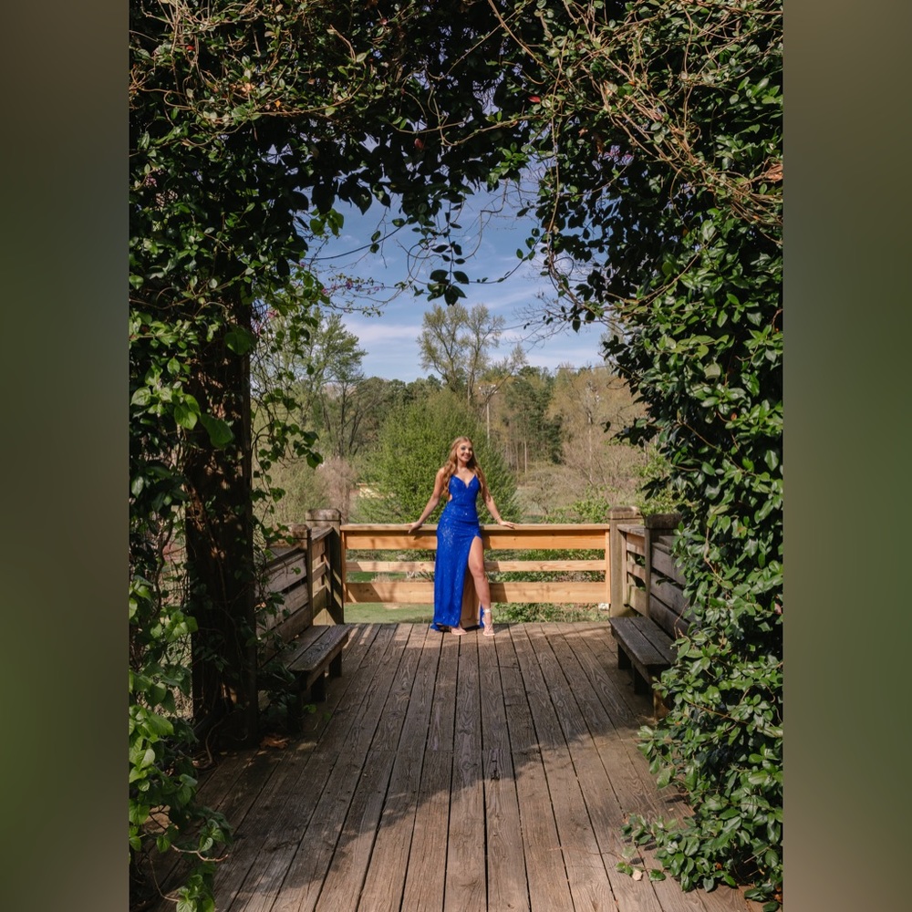 V Neck Open Back Sparkly Blue Prom Dress